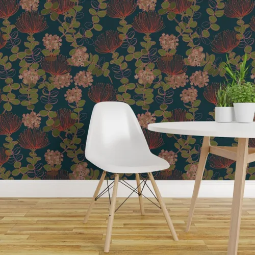 Vista 3 de Muestro de papel tapiz extraíble, diseño botánico oscuro hawaiano, flores florales hawaianas, color rojo, verde azulado, tropical mojado, papel