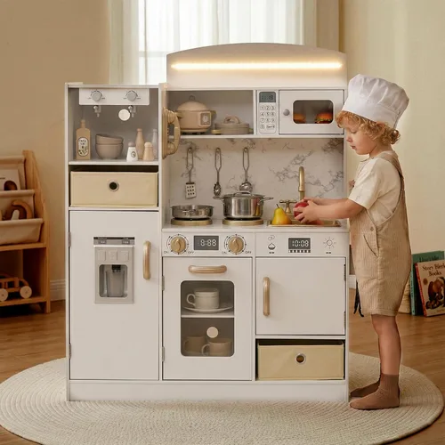 Vista 10 de INFANS Juego de cocina para niños con agua corriente real, juego de cocina de esquina de madera con luz de simulación de sonido y estufa
