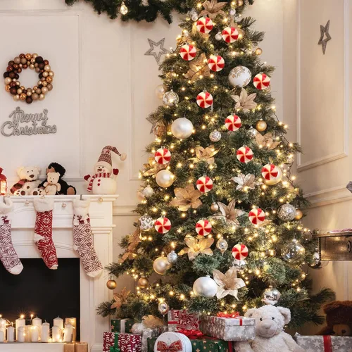 Vista 3 de Guirnalda de luces de caramelo de Navidad de 8.5 pies, cadena de luces colgantes de Navidad con 10 luces redondas rojas y blancas, luces de hadas