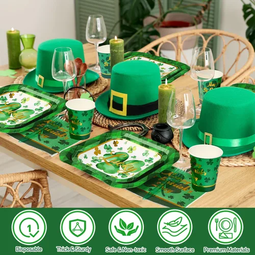 Vista 3 de Juego de vajilla de 200 piezas para fiesta del Día de San Patricio, juego de vajilla de trébol verde para 25 invitados, a cuadros, trébol