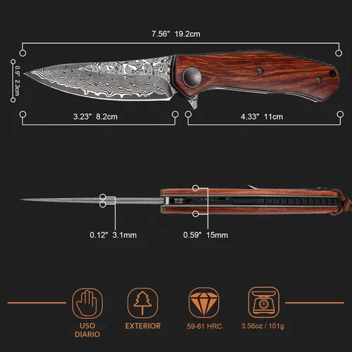 Vista 4 de Cuchillo de bolsillo plegable de Damasco AUBEY hecho a mano con clip para hombres, cuchillo de caza de Damasco EDC con bloqueo de vástago para Mango