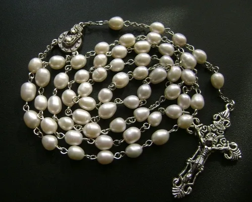 Vista 5 de elegantmedical Hecho a mano AAA 8-9MM perla natural perlas rosas rosario crucifijo Jesús cruz católica collar caja, Metal