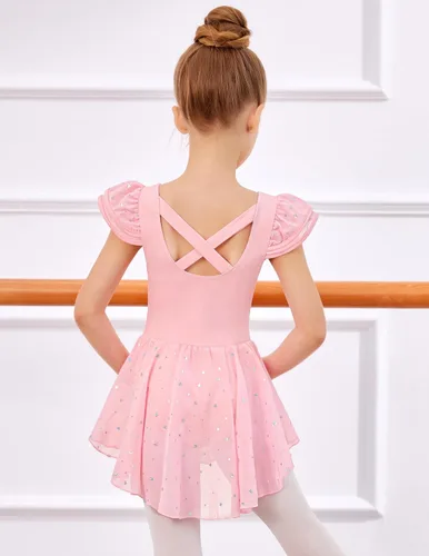 Vista 5 de Zaclotre Leotardo de ballet de manga con volantes y falda para niñas con espalda cruzada