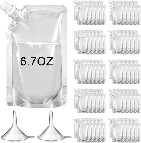 Vista 14 de Meanplan 100 bolsas de plástico reutilizables a granel, bolsas de plástico transparente a prueba de fugas para jugos con embudo para suministros