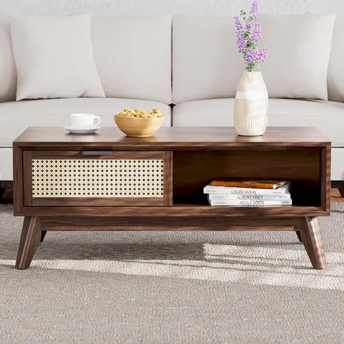 Vista 4 de Bme Mesa de centro moderna de madera maciza con almacenamiento, diseño de ratán acento, perfecta para sala de estar, nogal, mediana