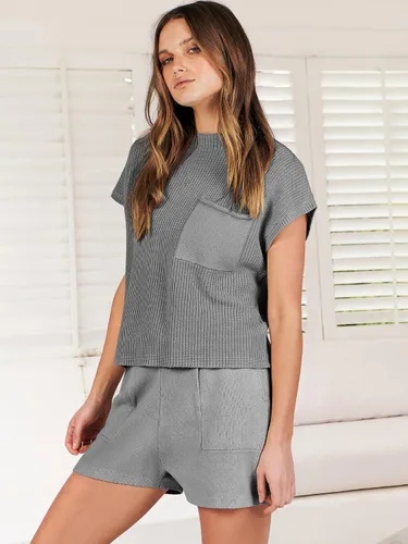 Vista 8 de ANRABESS Conjunto de dos piezas para mujer, suéter corto, suéter y pantalones cortos, conjunto de ropa de descanso