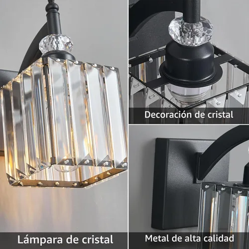 Vista 5 de Juego de dos apliques de pared modernos negros para interiores, lámpara de pared de cristal, lámpara de pared montada en la pared, aplique de pared