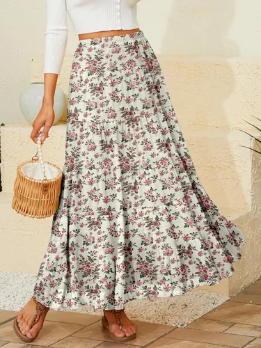 Vista 2 de NASHALYLY - Faldas largas de gasa, acampanadas, plisadas, con cintura alta y elástica para mujer Albaricoque Rosa Floral