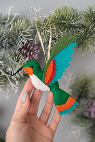 Vista 7 de Adorno de colibrí Adornos de Navidad hechos a mano de fieltro para árbol Rojo, verde, naranja, colibrí, decoración de árbol de Navidad, adorno