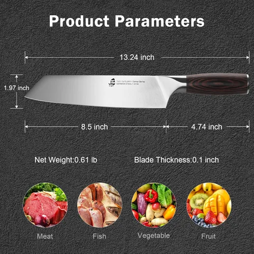 Vista 3 de TUO Kiritsuke - Cuchillo de chef de 8.5 pulgadas, cuchillo de chef Kiritsuke para carne y verduras, cuchillos de cocina japoneses - Acero inoxidable