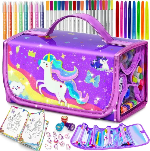 Vista 10 de weirtoya 56 marcadores perfumados lavables con estuche con purpurina, arte y manualidades de unicornio de sirena para niños de 4 a 8 años, kits