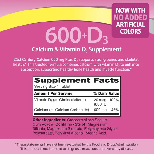 Vista 2 de 21st Century Tableta de suplemento de calcio Plus D, 600 mg, 400