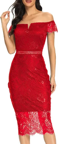 Vista 4 de Women's Elegant Floral Lace Round Neck Short Sleeves Knee Length Bodycon Cocktail Lace Dress