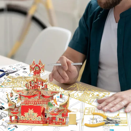 Vista 4 de Piececool Rompecabezas 3D para adultos, kits de construcción de modelos de escenario teatral antiguo chino, desafiante rompecabezas de metal 3D