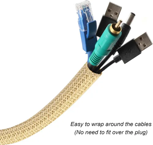 Vista 2 de 10 pies - Funda trenzada para gestión de cables de 1/2 pulgada Protector de cable - Conducto de alambre dividido autoenvolvente para Beige