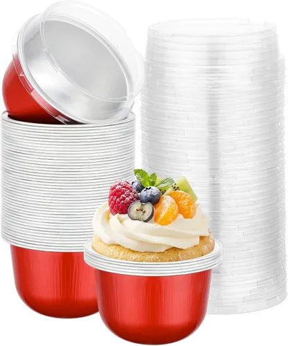 Vista 16 de Beasea Tazas de Ramekin de Aluminio con Tapa, 50 Unidades 6.1oz 180ml Mini Ramekins Desechables de Aluminio para Horno, Tazas Redondas para Cupcakes