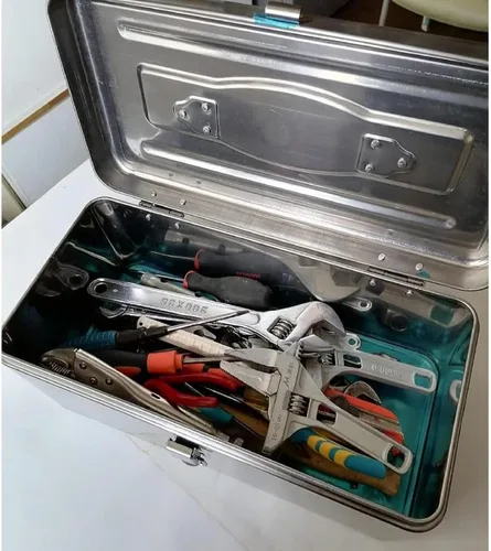 Vista 5 de Caja de herramientas de acero inoxidable, caja de herramientas multifunción plegable de 2 capas, con bandeja de herramientas extraíble y caja