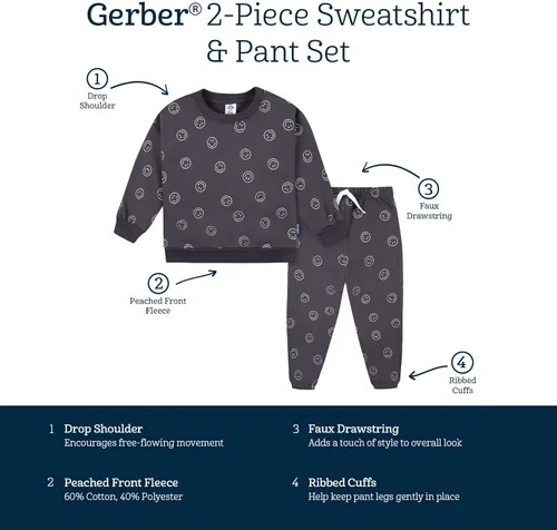 Vista 6 de Gerber Conjunto de sudadera y pantalón deportivo de forro polar de 2 piezas para bebés niños pequeños