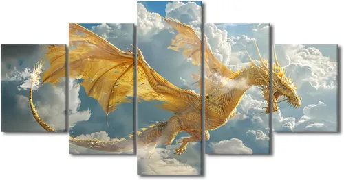 Vista 21 de Lienzo decorativo para pared de sala de estar, lienzo de dragón, 5 paneles, dragón verde, decoración de pared para el hogar, decoración de pared