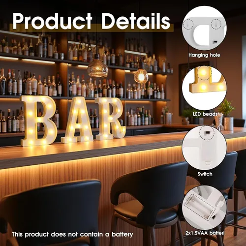 Vista 6 de Letrero de BAR, luces de letras de marquesina iluminadas colgables, luces LED de letras alimentadas por batería para pub丨bar casero丨cafeterías