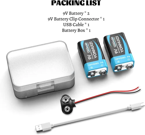 Vista 8 de Paquetes de baterías recargables de 9 V, 1 batería cuadrada de iones de litio de 1300 mAh de 9 voltios+cable de carga USB-C+conector de hebilla de 9