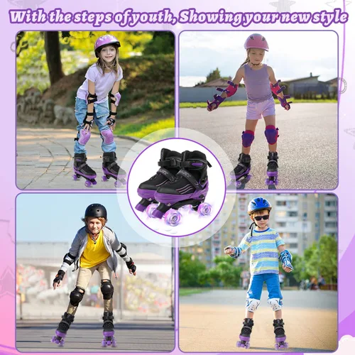 Vista 7 de Patines para niños y niñas, niños principiantes, 4 tamaños ajustables, patines cuádruples para niños y jóvenes, con ruedas iluminadas para deportes