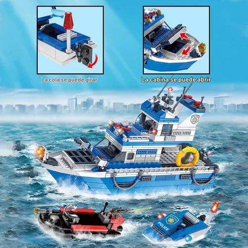 Vista 4 de Conjuntos de bloques de construcción City Boat STEM, juegos de barco de policía y barco, kit de construcción de juguetes de botes de rescate