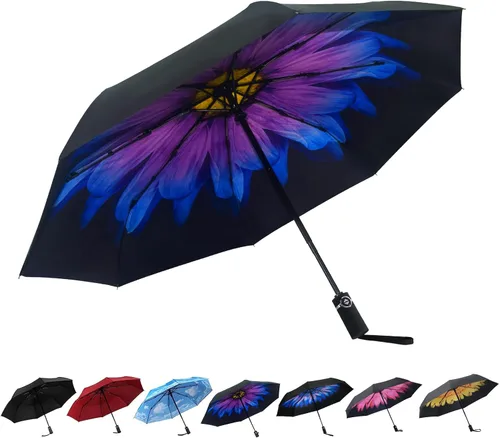Vista 2 de SY COMPACT - Paraguas de viaje automático resistente al viento - Tienda de fábrica Purple Flower
