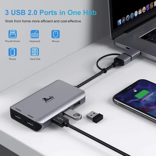 Vista 9 de LIONWEI Estación de acoplamiento USB 3.0 a Dual HDMI para Windows y macOS, Adaptador USB C Divisor de 2 Monitores para MacBook