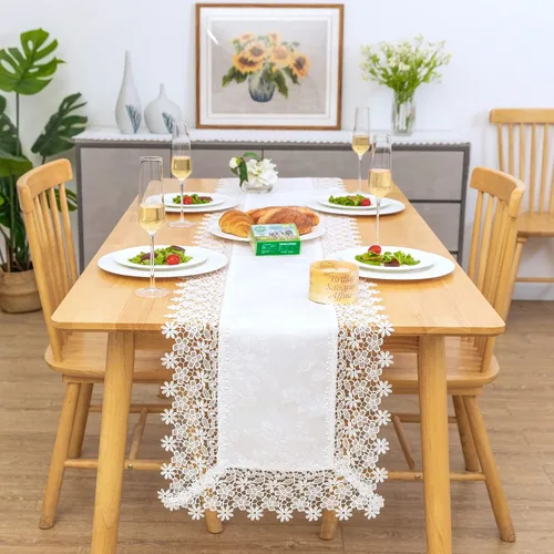 Vista 15 de Camino de mesa rectangular de granja de encaje beige premium, impermeable, a prueba de aceite, a prueba de derrames, antiencogimiento, suave