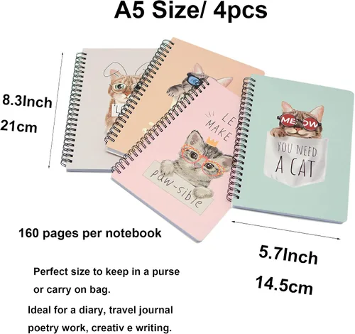Vista 2 de Yansanido Cuaderno de espiral, 4 piezas A5 de tapa dura gruesa con diseño de gato, 0.315 in, 4 colores, 80 hojas, 160 páginas para estudio y notas