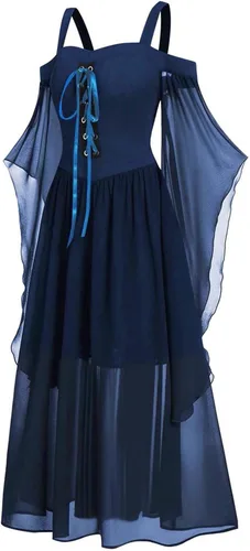 Vista 4 de ZEFOTIM Disfraz medieval para mujer, hombros descubiertos, mangas de murciélago, corsé con volantes, vestido de tubo gótico Cosplay L6242