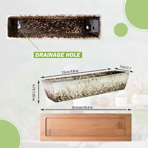 Vista 2 de ARTKETTY Macetas Suculentas, Macetas de Cerámica para Suculentas de 9.8 Pulgadas con Drenaje, Pequeño Bonsái con Bandeja de Bambú, Macetas Mini