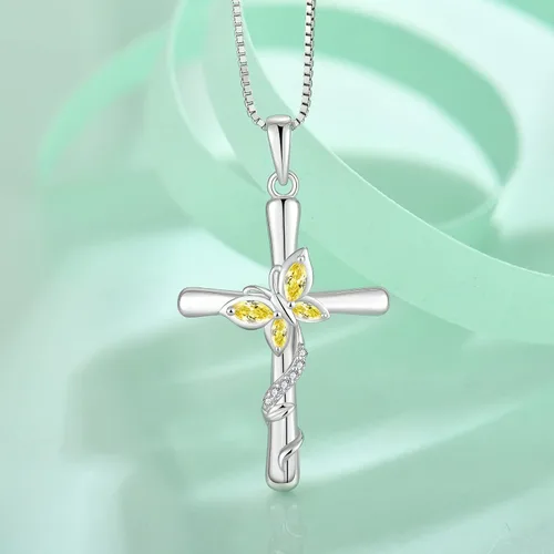 Vista 2 de Blaniy Collar de cruz para mujer, plata de ley 925, collar de mariposa, piedra natal, colgante de piedras preciosas creadas, regalos para mujeres