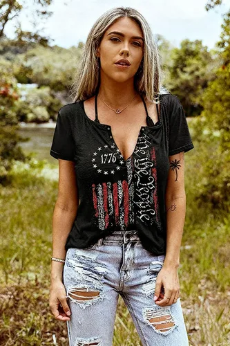 Vista 3 de Camiseta patriótica de la bandera estadounidense para mujer, 4 de julio, manga corta, holgada, con gráfico de la bandera de Estados Unidos, camisas