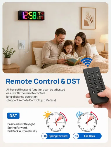 Vista 8 de RGB Large Digital Wall Clock, 15.7" Digital Clock Large Display with Remote LED Alarm Clocks with Night Light, DST, Date, Temperature for Living