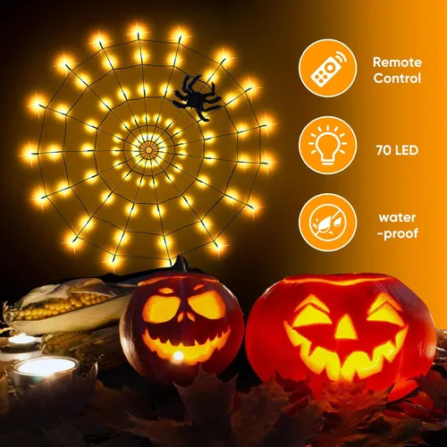 Vista 7 de LCHUANG Decoraciones de Halloween con luces de telaraña – 2 piezas de telaraña iluminadas, 4 pies de diámetro, 70 LED con araña negra, impermeable