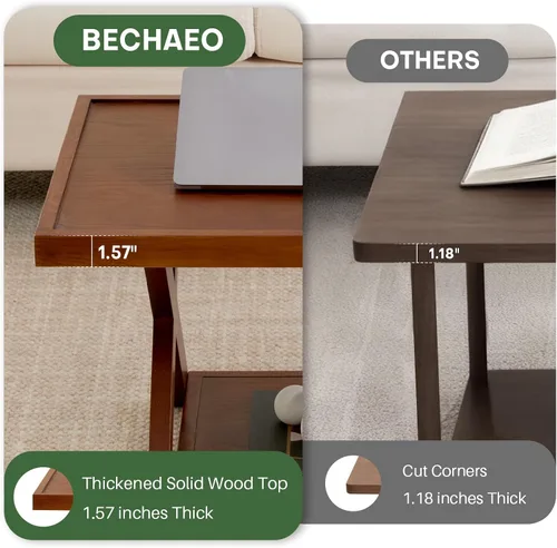 Vista 5 de BECHAEO Mesa auxiliar de roble macizo para sala de estar, mesa auxiliar de madera de 2 niveles con estante de almacenamiento, mesa central moderna