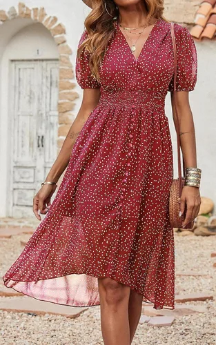 Vista 4 de PRETTYGARDEN - Vestido largo por debajo de la rodilla para mujeres, escote en V cruzado, mangas cortas, estampado floral, estilo boho, corte