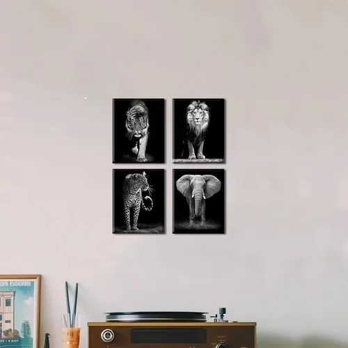 Vista 7 de Lienzo decorativo para la pared de vida silvestre en blanco y negro, juego de 4 pósteres enmarcados de animales de safari africanos, 8 x 10