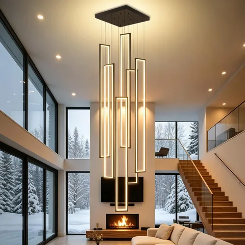 Vista 16 de Flashing God Candelabro moderno, candelabros cromados con 6 anillos LED, lámpara de techo alto más grande para sala de estar, lámpara rectangular