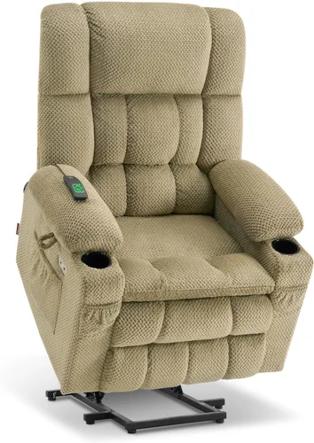 Vista 36 de MCombo Silla reclinable eléctrica de motor dual con masaje y calor para personas mayores, posición infinita, puertos USB, portavasos, tela 7890 Beige
