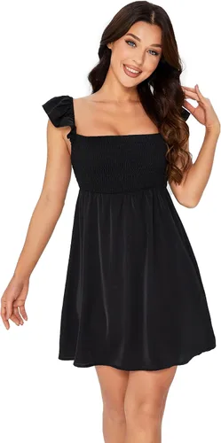 Vista 4 de WDIRARA Vestido corto con cuello cuadrado fruncido y mangas casquillo para mujer