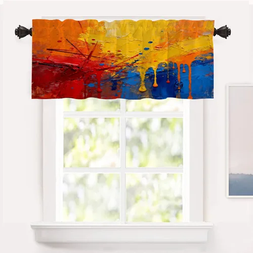 Vista 200 de Shrahala Beige and Orange Abstract Art Brushstrokes Blackout Curtain Tiers, Abstract Oil Paint Kitchen Valance Light Blocking Tier Drapes with Rod