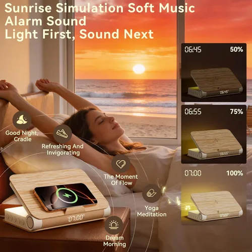 Vista 4 de Vivilumens Relojes Despertadores de Libro Cargador Inalámbrico Altavoz Bluetooth Lámpara de Amanecer Fuerte para Personas con Sueño Pesado Adultos