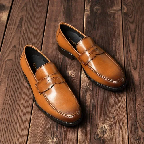 Vista 3 de FRASOICUS Zapatos de vestir para hombre, zapatos sin cordones, mocasines de cuero genuino para hombres