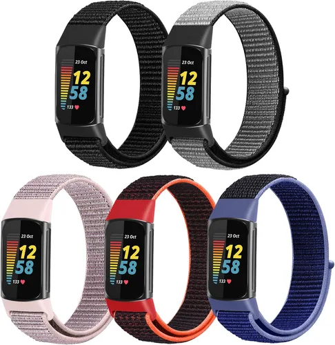 Vista 10 de Correas de reloj de nailon compatibles con Fitbit Charge 6/Charge 5, paquete de 5 correas de repuesto ajustables suaves y transpirables para Charge