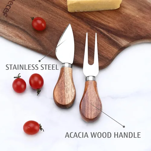 Vista 5 de hecef Juego de 3 tablas de queso, un plato de queso de madera de acacia, un cuchillo, un tenedor, plato de charcutería, juego de pizarra para servir