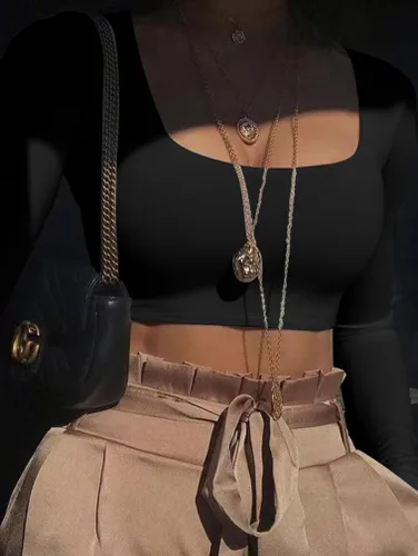 Vista 7 de XXTAXN Camiseta básica de manga larga con cuello cuadrado y sexy para mujer