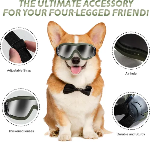 Vista 2 de Gafas de sol para perros, protección contra rayos UV, viento, polvo, niebla, gafas para mascotas, protección contra los ojos con correa ajustable